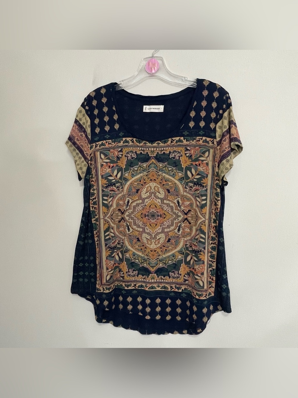 Lucky Brand Navy Multi Medallion Scoop Neck Short Sleeve Top~ Size Large